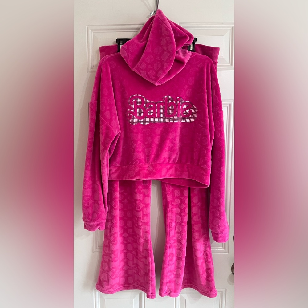 Barbie Velour Hoodie & Pants Set Pink Girls 14-16‎ XL Wide Leg Embossed Logo